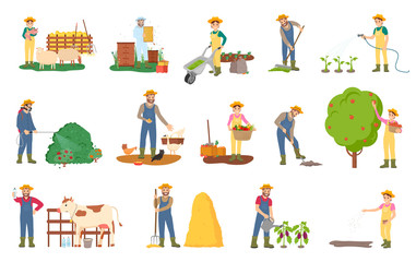 Farming people vector, beekeeping and plantation harvesting season, gathering fruits from trees and cutting bushes, watering aubergines, cow and sheep