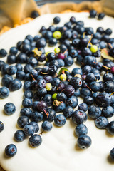 Fresh cheesecake with wild blueberries on the rustic background. Selective focus. Shallow depth of field.