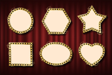 Empty frame with lights, vector set of different framings. Shape of circle and star, square and hexagon, hexagonal banner template red curtain background
