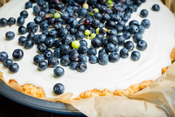 Fresh cheesecake with wild blueberries on the rustic background. Selective focus. Shallow depth of field.
