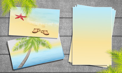 Tropical photos with sea landscapes on the wall. Summertime collage. Frame with palm leaves and blank paper. Place for inscription. Vector, EPS 10