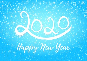 2020 happy new year postcard with falling snow on blue sky, frozen numbers 2020, snowdrifts, flat style design vector illustration on gradient background. Year of the metal rat.