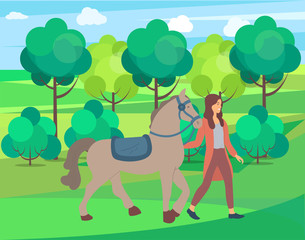 Forest nature vector, woman spending weekends with animals and natural park. Horse and female character touching mammal, mane or stallion flat style. Girl walking with brown horse