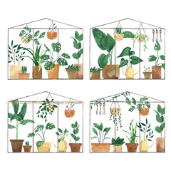 Watercolor set of four greenhouse with plants in flower pots. Hand drawn botanical illustration. Perfect for poster, sticker, printable