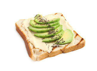 Slice of bread with spread and avocado on white background