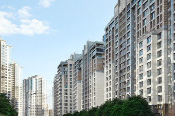 KYIV, UKRAINE - MAY 21, 2019: Beautiful view of modern housing estate in Pecherskyi district on sunny day