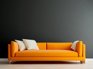 Black mock up wall with orange sofa in modern interior background, living room, Scandinavian style, 3D render, 3D illustration - Powered by Adobe