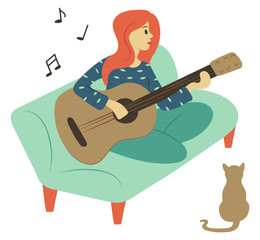 Woman playing guitar vector, isolated character sitting on sofa at home. Flat style female guitarist holding musical instrument, notes and cat pet
