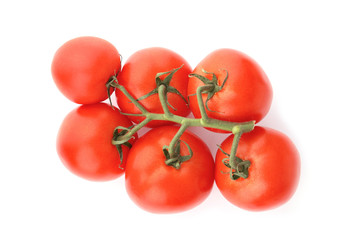 Branch of ripe red tomatoes on white background, top view