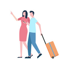 Baggage or suitcase, traveling and holidays or vacation, couple vector. Rest and recreation, flight and luggage, man and woman flying abroad, journey