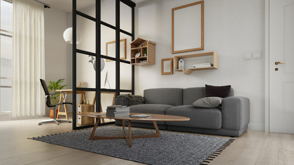 Interior poster mock up living room with colorful white sofa . 3D rendering.