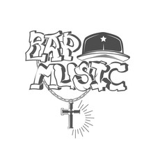 Rap music logo. Concept of vector musical emblem.Graffiti text and Snapback. Design element for rap fest, performance, battle, school, studio. Musical symbol.