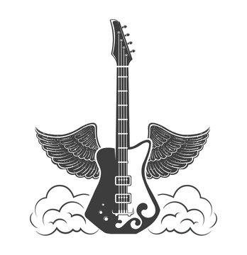 Vector logo concept. Graphic design of guitar with wings. Musical rock instrument. Emblem, element, template, symbol, label, sign.