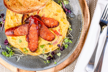 Spanish Omelette topped with slices of grilled chorizo