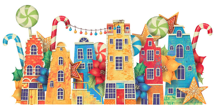 City street with houses, poinsettia, candy, gingerbread. Hand drawn illustration.