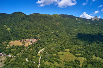 Fototapeta na wymiar Aerial photography. Panoramic view of the Alps north of Italy. Trento Region, San Lorenzo Dorsino. Great trip to the Alps