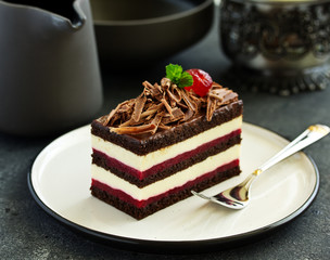 Chocolate cake with black forest cherries.