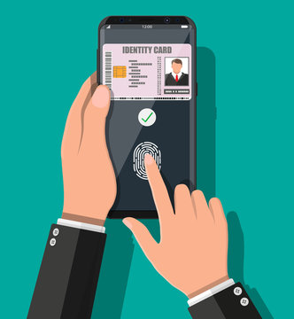 Electronic password. Password and fingerprint security authorization. Hand with smartphone id card application. Access control machine, time attendance. Proximity card reader. Flat vector illustration