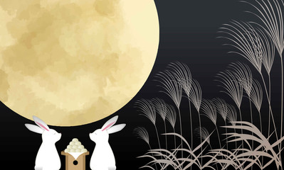 十五夜　満月　月　スーパームーン　すすき　うさぎ　団子　お月様　水彩　和風　和柄　日本