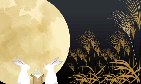 十五夜　満月　月　スーパームーン　すすき　うさぎ　団子　お月様　水彩　和風　和柄　日本