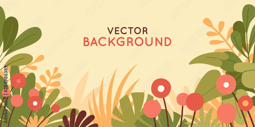 Fototapete Vector illustration in simple flat style with copy space for text - background with plants and leaves