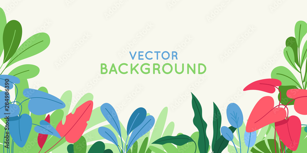 Poster Vector illustration in simple flat style with copy space for text - background with plants and leaves