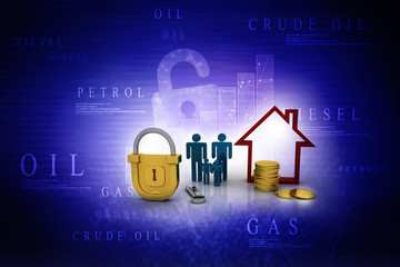 3D rendering of a keylock with a house in family