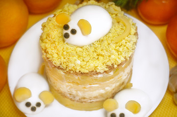 Themed holiday salad Mimosa with Cheese Mouse in honor of the 2020 new year on the Chinese calendar. Eastern horoscope. Traditional Russian holiday food - Mimoza. Selective focus.
