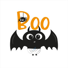 Boo halloween text, with cute blak bat, illustration graphic vector.  Young and happy, t-shirt graphics, posters, party concept, textile graphic, card.