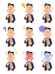 スマートフォンを操作する男性の9種類の表情
