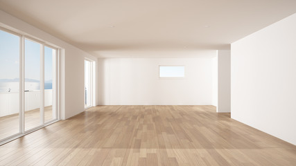 Obraz premium Empty room interior design, open space with big panoramic window, balcony on sea panoramic view, parquet wooden floor, modern contemporary architecture