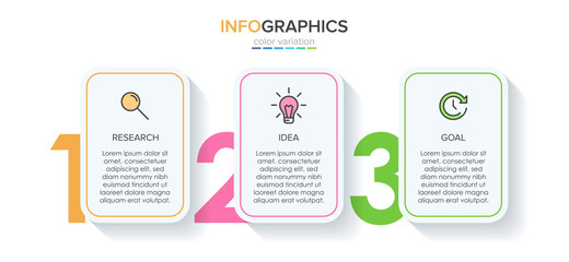 Concept of arrow business model with 3 successive steps. Three colorful rectangular elements. Timeline design for brochure, presentation. Infographic design layout.