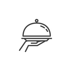 Food Tray on the Hand line icon. linear style sign for mobile concept and web design. Restaurant food outline vector icon. Food delivery symbol, logo illustration. Vector graphics