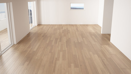 Fototapeta premium Empty room interior design, open space with big panoramic window, balcony on sea panoramic view, parquet wooden floor, modern contemporary architecture, top view