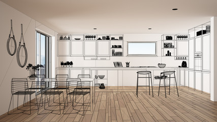 Empty white interior with parquet floor and big panoramic window, custom architecture design project, black ink sketch, blueprint showing classic kitchen