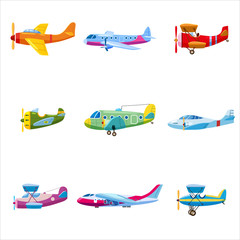 Set of airplanes aircraft different colour. Retro, personal, cargo, speed biplane monoplane