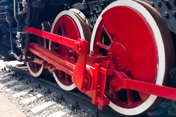 Vintage steam locomotive. The steam locomotive wheels, or mechanism close-up