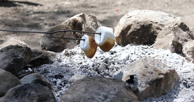 Shot of someone using a metal skewer to roast two marshmallows over a campfire.