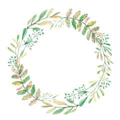 Watercolor autumn floral branches and leaves wreath. Rustic greenery. Illustration for invintation, greeting card, wedding card