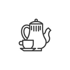 Coffee pot and cup line icon. linear style sign for mobile concept and web design. Teapot kettle and cup with saucer outline vector icon. Symbol, logo illustration. Vector graphics