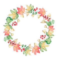 Watercolor autumn floral branches and leaves wreath. Rustic greenery. Illustration for invintation, greeting card, wedding card