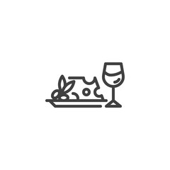 Wine glass and cheese plate line icon. linear style sign for mobile concept and web design. Wineglass and snack food outline vector icon. Symbol, logo illustration. Vector graphics