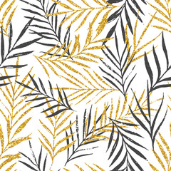 Abstract summer bright floral seamless pattern with trendy hand drawn textures. Textured leaf. Modern abstract design for paper, cover, fabric, interior decor. Tropical leaves. Vector illustration - 284990572