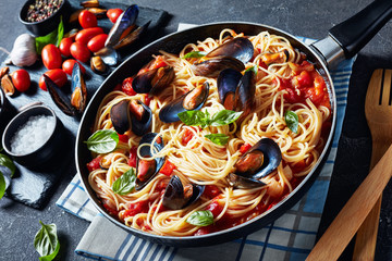 close-up of pasta with Mussels and sauce