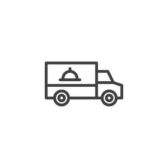 Food delivery truck line icon. linear style sign for mobile concept and web design. Express food delivery outline vector icon. Symbol, logo illustration. Vector graphics