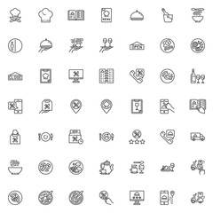 Restaurant food delivery line icons set. linear style symbols collection, outline signs pack. vector graphics. Set includes icons as online food order service, chef hat, menu book, delivery truck