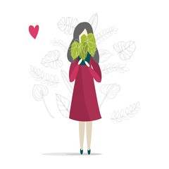 Love plants. Girl with  plant on  white background. Vector illustration.