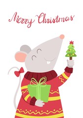 Mouse with Christmas gift flat vector illustration