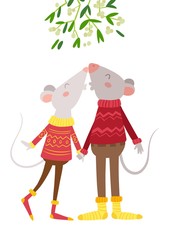 Mice couple kissing under mistletoe flat vector illustration