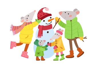 Rats family making snowman flat vector illustration